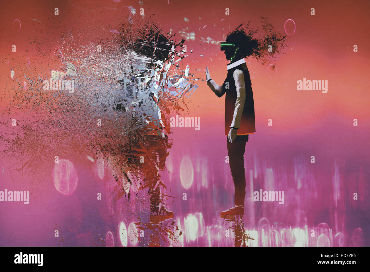 Uomo con la realtà virtuale auricolare toccando particella di se stesso,illustrazione pittura Foto Stock
