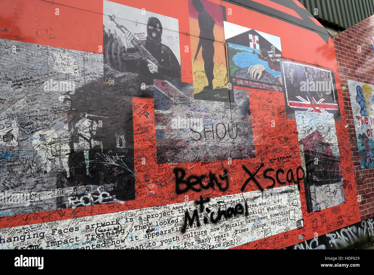 Rovinato immagini unionista - Belfast International parete di pace,Cupar modo,West Belfast,NI,UK Foto Stock