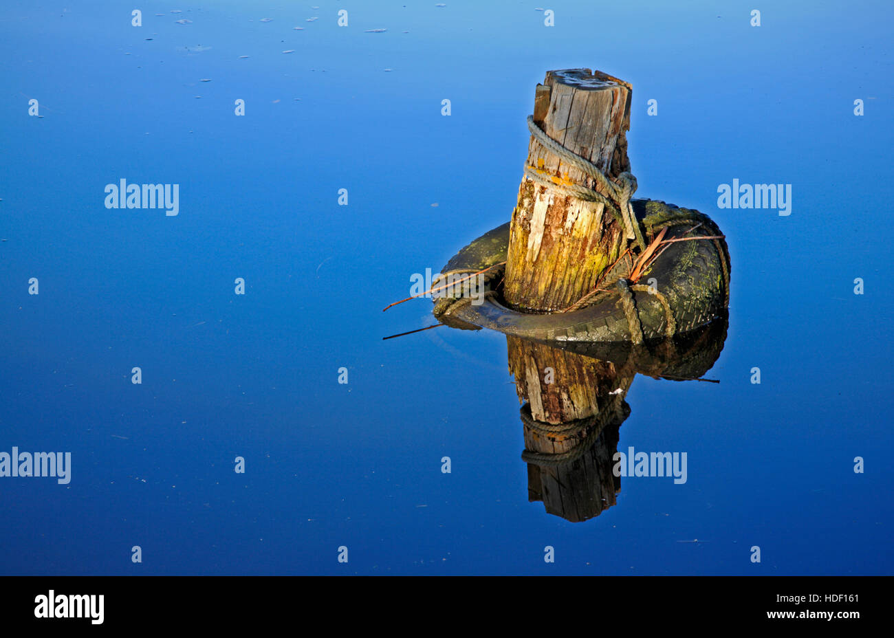 Un vecchio post di ormeggio del pneumatico e il parafango con la riflessione nel fiume Thurne su Norfolk Broads. A BHZ. Foto Stock