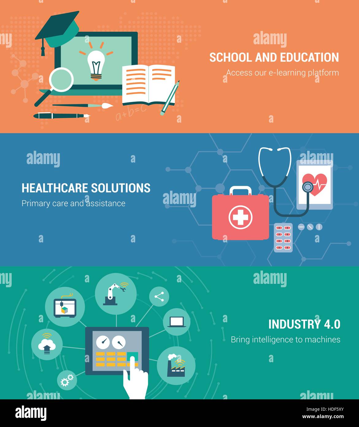 Istruzione, sanità e industria set di banner con notebook e tablet Illustrazione Vettoriale