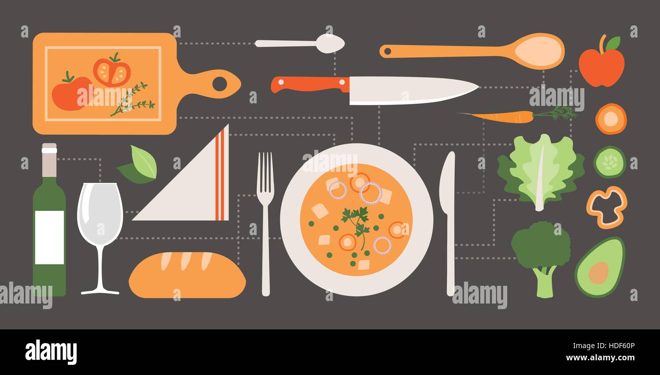 Cottura sana cibo vegan sul tavolo della cucina, ingredienti e utensili Illustrazione Vettoriale