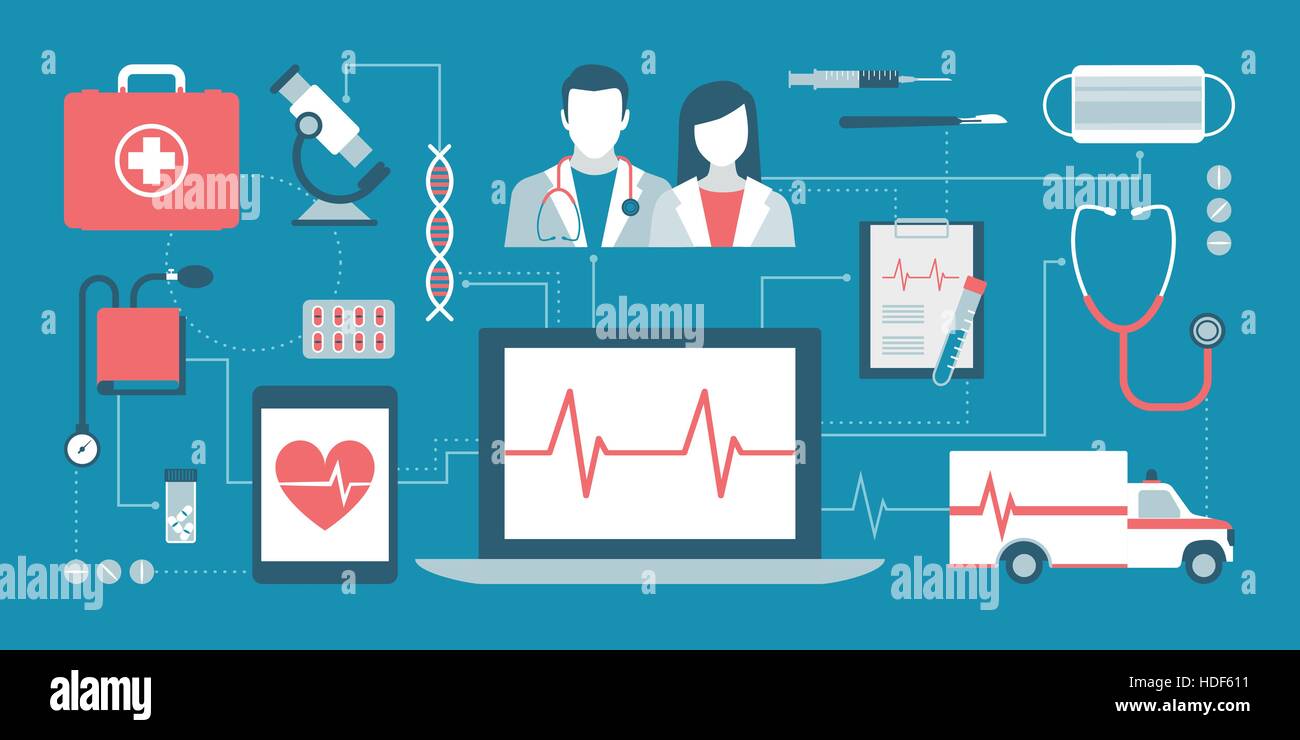 Assistenza sanitaria, i medici di emergenza e ospedale di concetti su una rete con computer portatile al centro Illustrazione Vettoriale