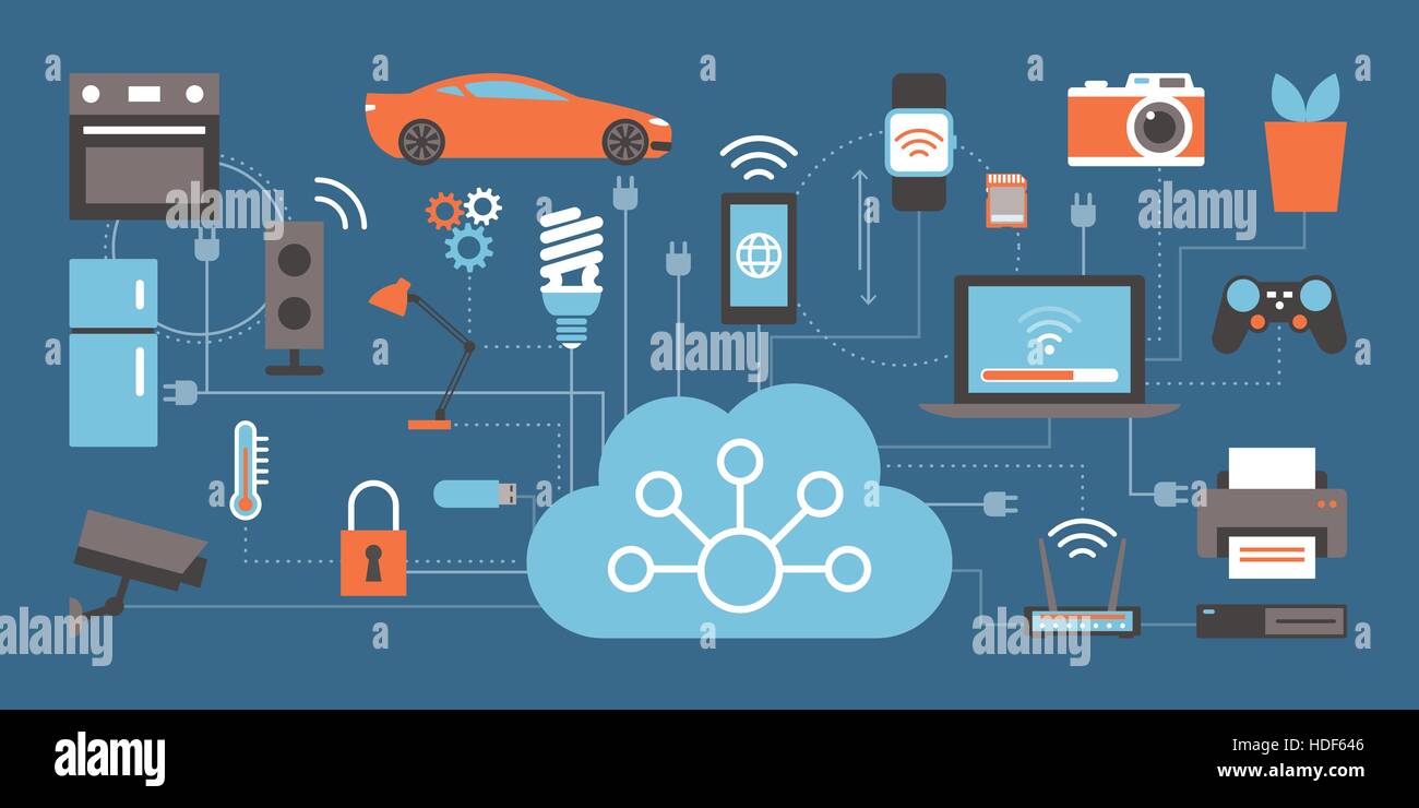 Internet delle cose, i dispositivi e i concetti di connettività su una rete, cloud al centro Illustrazione Vettoriale