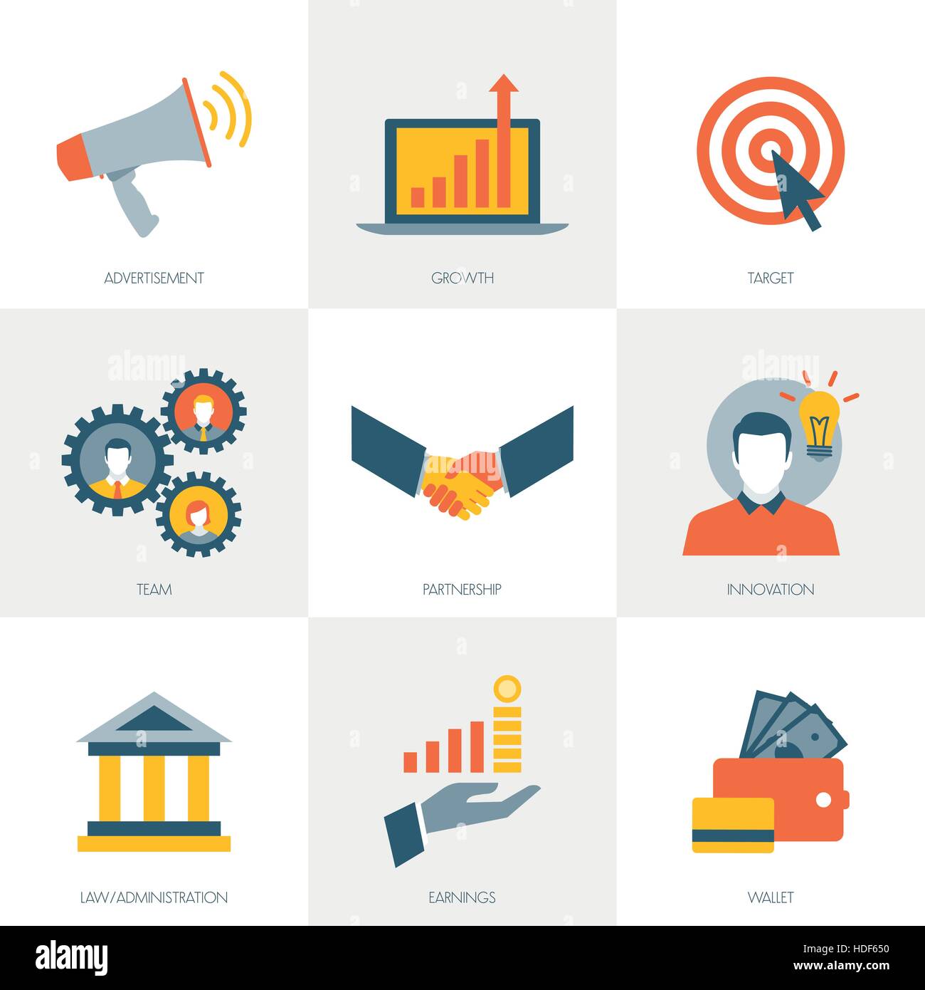 Marketing, business, finanza e Concetti pubblicitari, set di icone Illustrazione Vettoriale