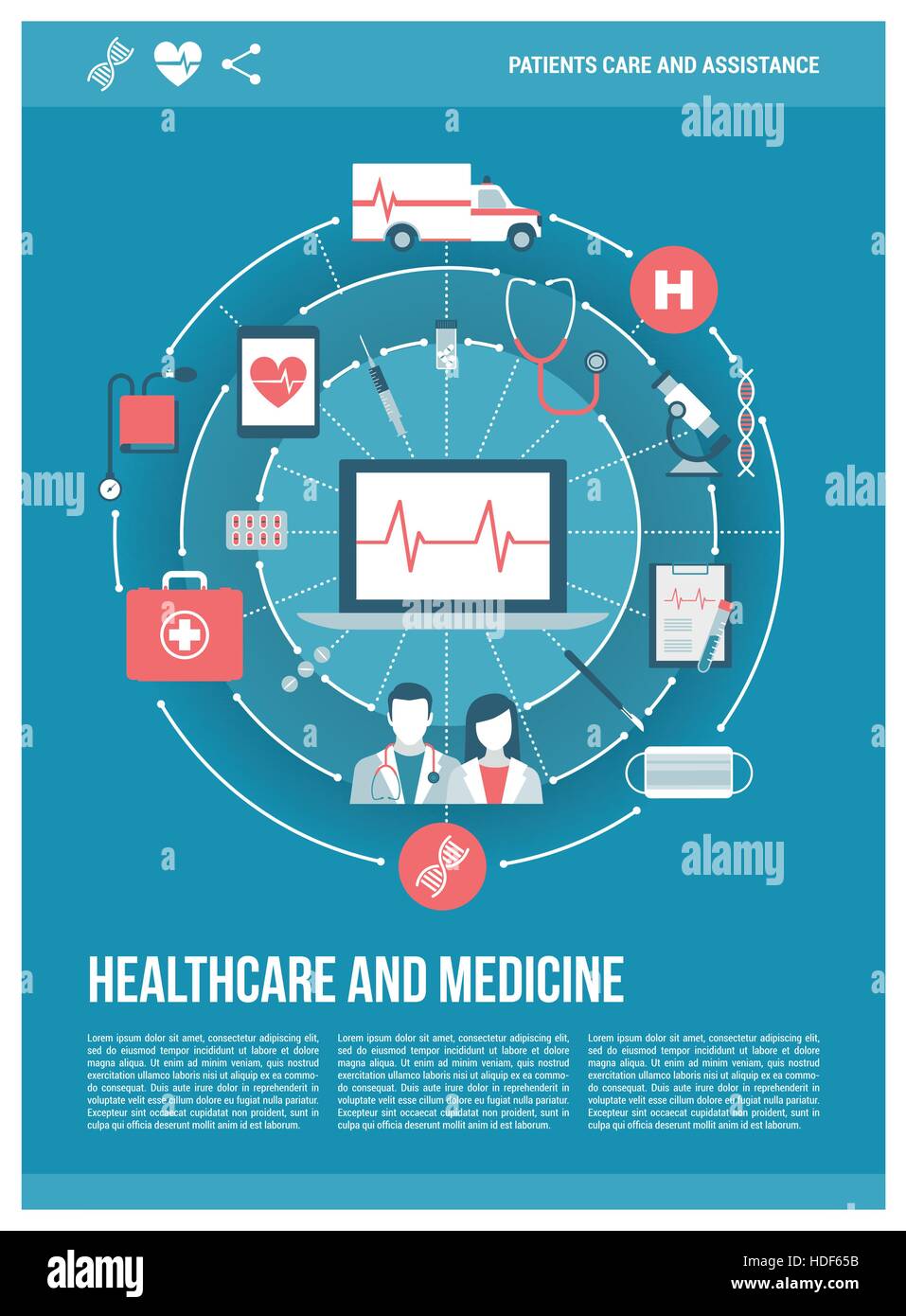 Sanità, medici, ospedale e concetti di emergenza su una rete con computer portatile al centro, layout poster Illustrazione Vettoriale
