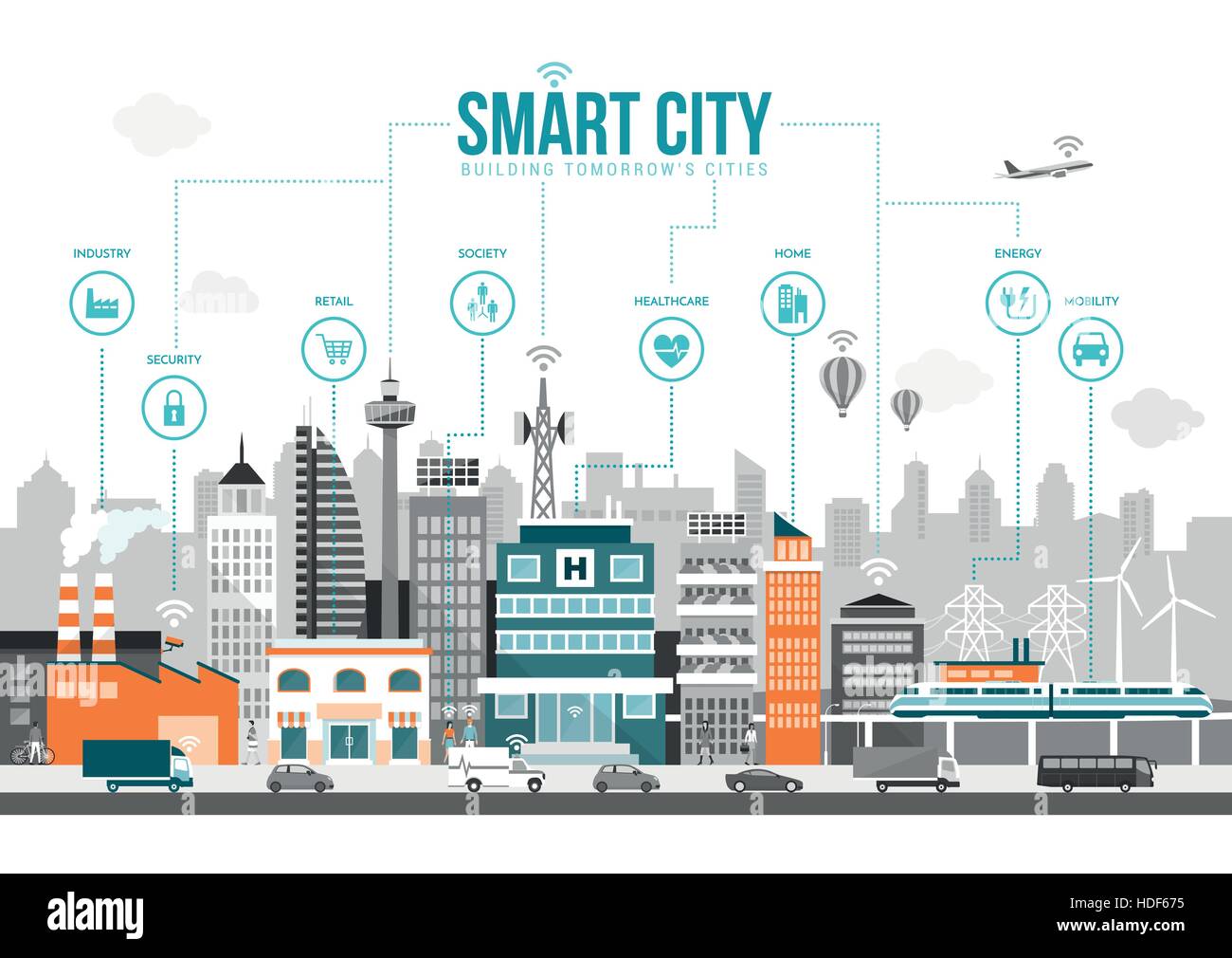 Smart city con smart services e le icone, internet delle cose, le reti e la realtà aumentata concept Illustrazione Vettoriale