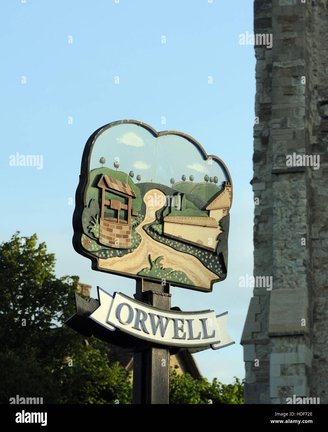 Segno del villaggio di Orwell. Orwell, Cambridgeshire, Regno Unito. Foto Stock