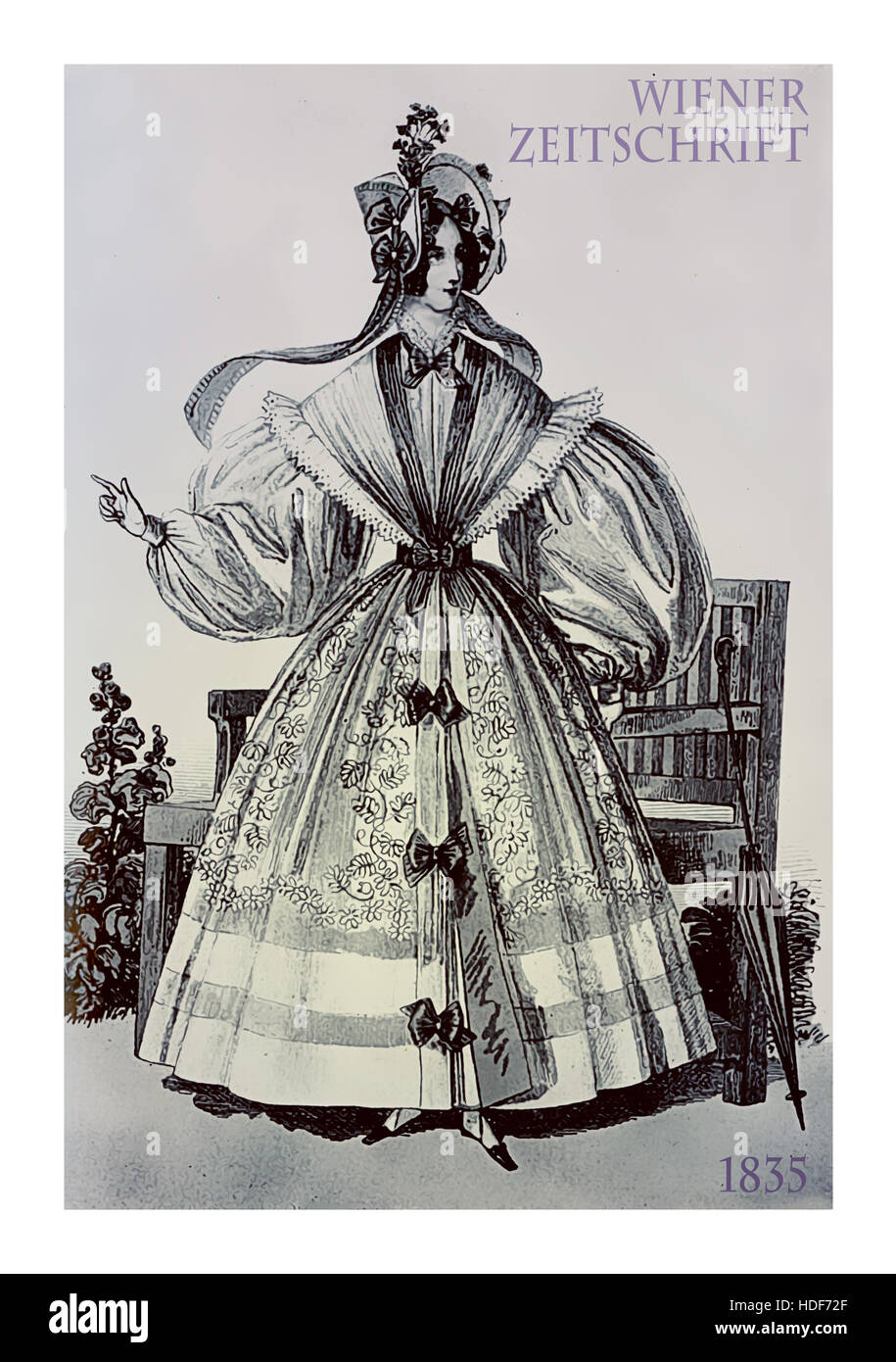 Vienna 1835 moda, giovane donna elegante vestito in giardino con ombrellone, cappello, fronzoli e archi Foto Stock