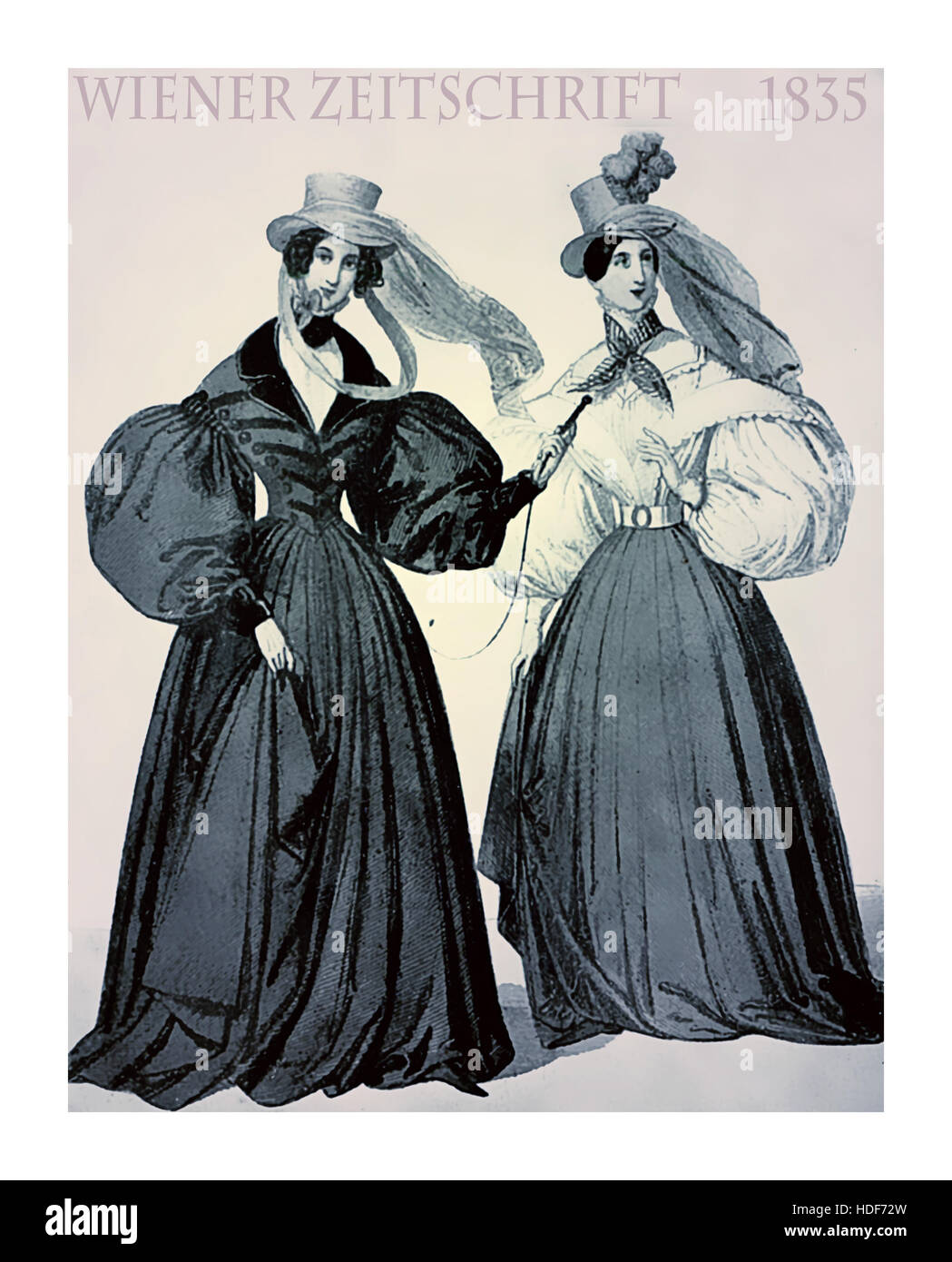 Vienna 1835 moda, due giovani donne eleganti vestiti con cappello e sciarpe  per una passeggiata con avvolgimento meteo all'aperto Foto stock - Alamy