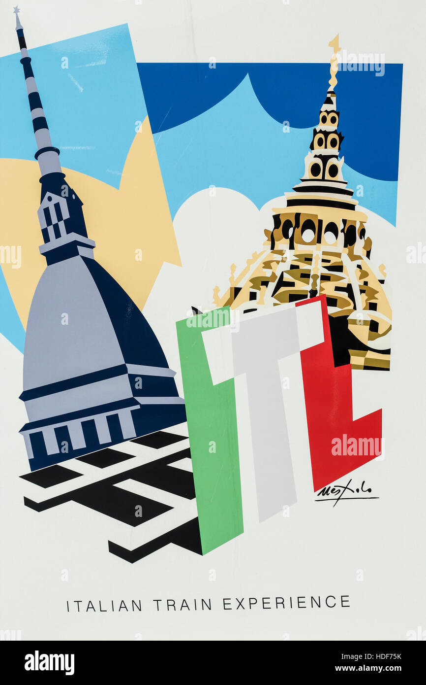 Torino e Milano illustrazione dell'artista Ugo Nespolo (2015). Dalla stazione ferroviaria di Torino Porta Susa (Torino, Italia) Foto Stock