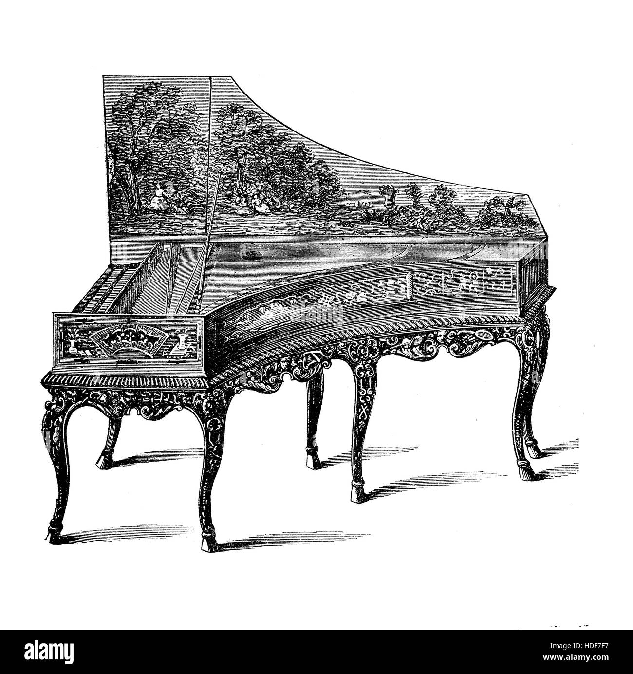 Gran pianoforte riccamente decorate con coperchio verniciato e gambe di stile del XVIII secolo Foto Stock