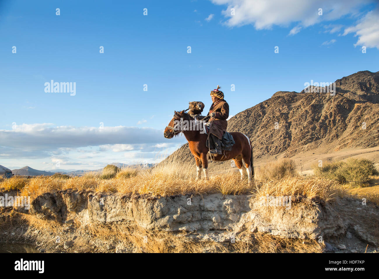 Il bayan Ulgii, Mongolia, Ottobre 2nd, 2015: vecchio cacciatore di EAGLE con la sua Altai Golden Eagle sul suo cavallo Foto Stock