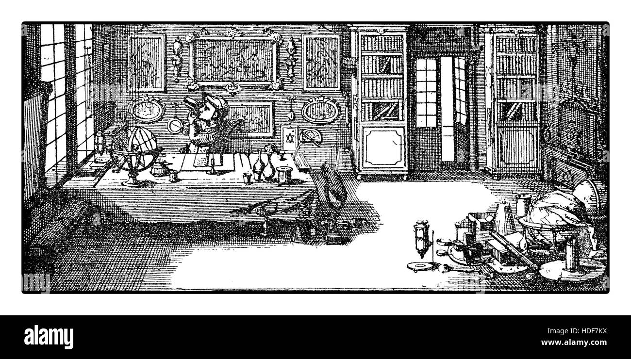 Descrizione del laboratorio di uno scienziato microscopist esplorando il microcosmo nel XVIII secolo Foto Stock