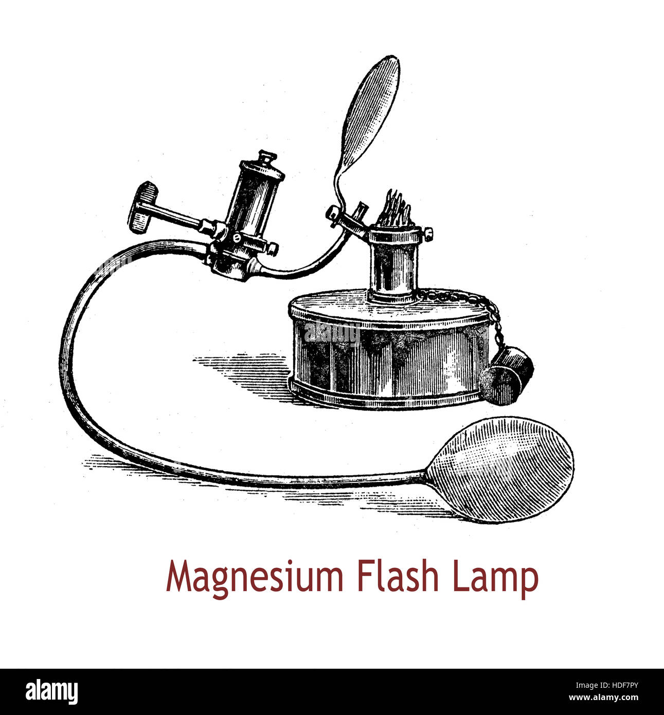 Il magnesio antiquariato lampada a flash utilizzando magnesio puro, si compone di tre parti: un appartamento grande lampada di alcol, un ricettacolo per il magnesio e una grande mano bulbo pressione tutti uniti insieme. Con una singola pressione del bulbo dà un intenso e brillante luce Foto Stock