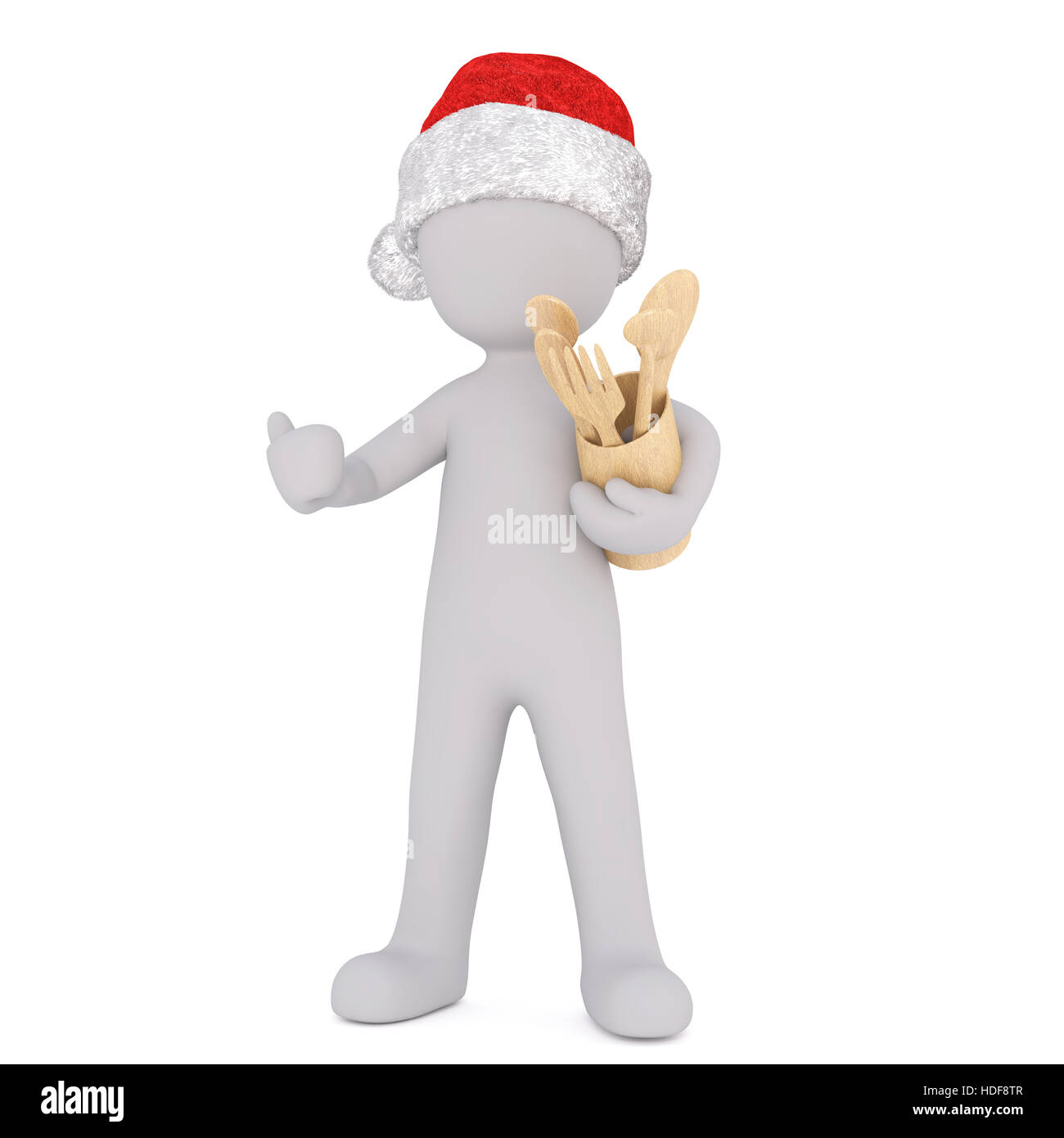 3d Natale in una festa di Santa Red Hat chef con legno utensili da cottura in un contenitore inserito sotto il suo braccio, isolato reso illustrazione a Pentecoste Foto Stock