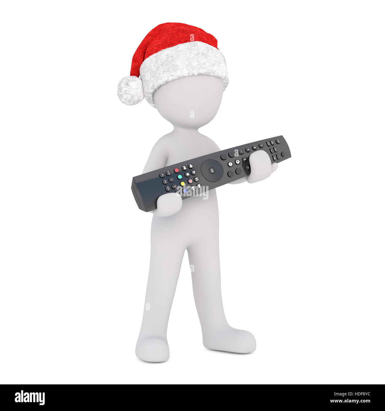 3d uomo in un rosso Santa hat tenendo un telecomando multimediale nelle sue mani per celebrare la festosa stagione di vacanze ,isolato reso illustrazione su bianco Foto Stock
