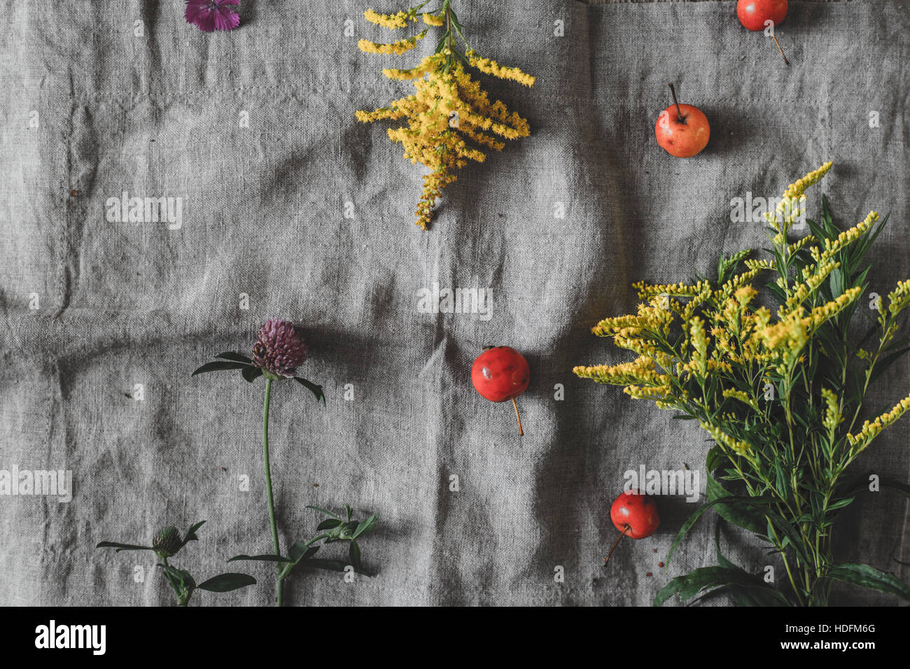 In autunno i fiori e le mele sul tessuto grigio vista superiore Foto Stock