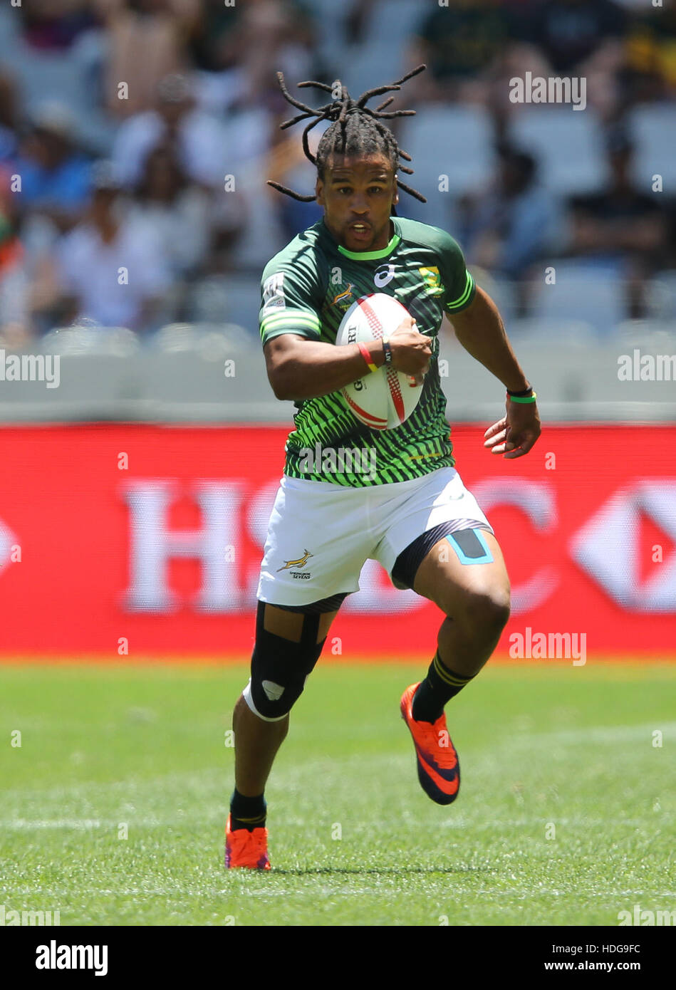 La SA Rugby Sevens Springbok i giocatori in azione durante il 2016 HSBC sette torneo al Cape Town Stadium nel punto verde Punto, Cape Town. Foto Stock