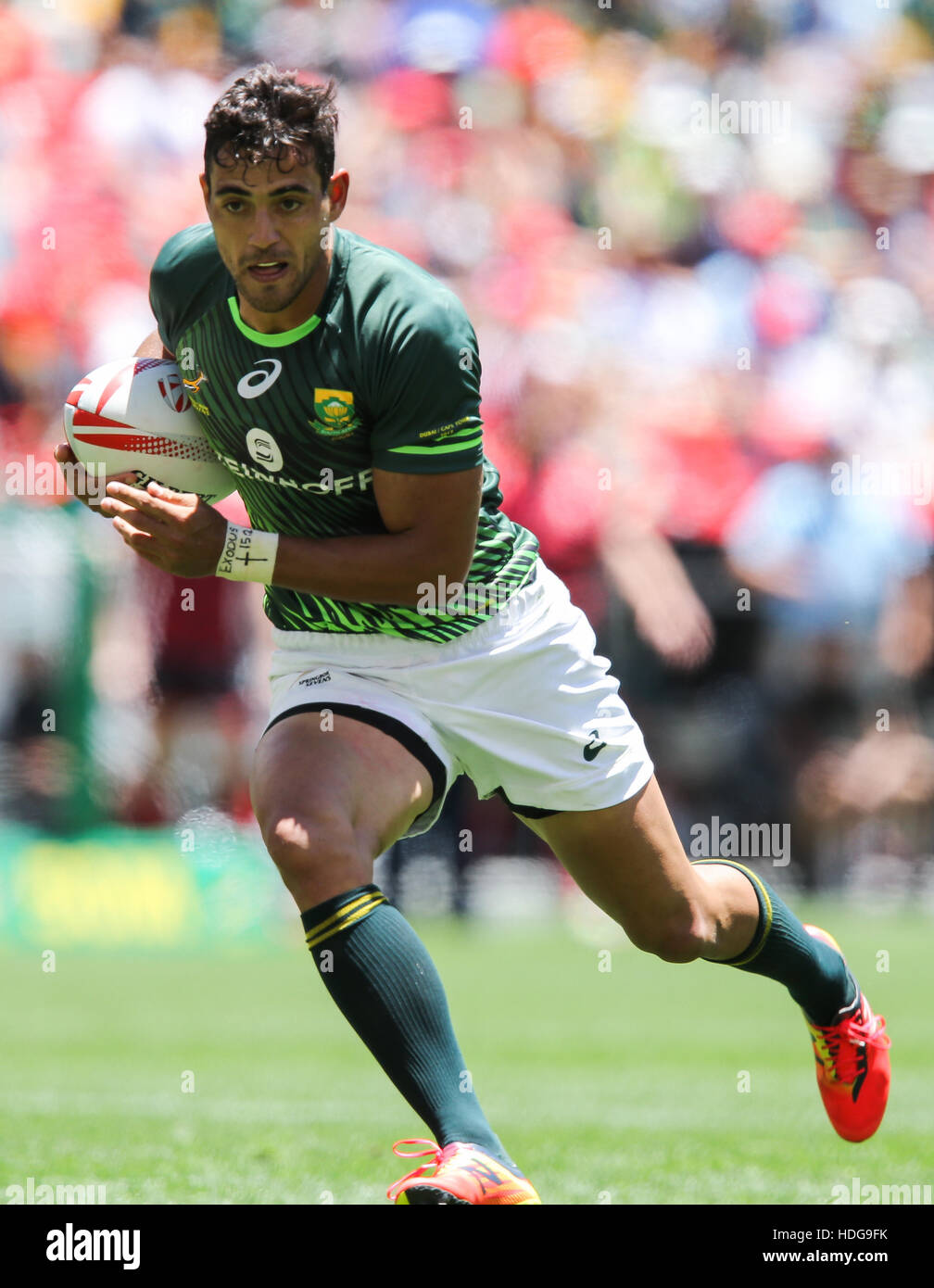 La SA Rugby Sevens Springbok i giocatori in azione durante il 2016 HSBC sette torneo al Cape Town Stadium nel punto verde Punto, Cape Town. Foto Stock