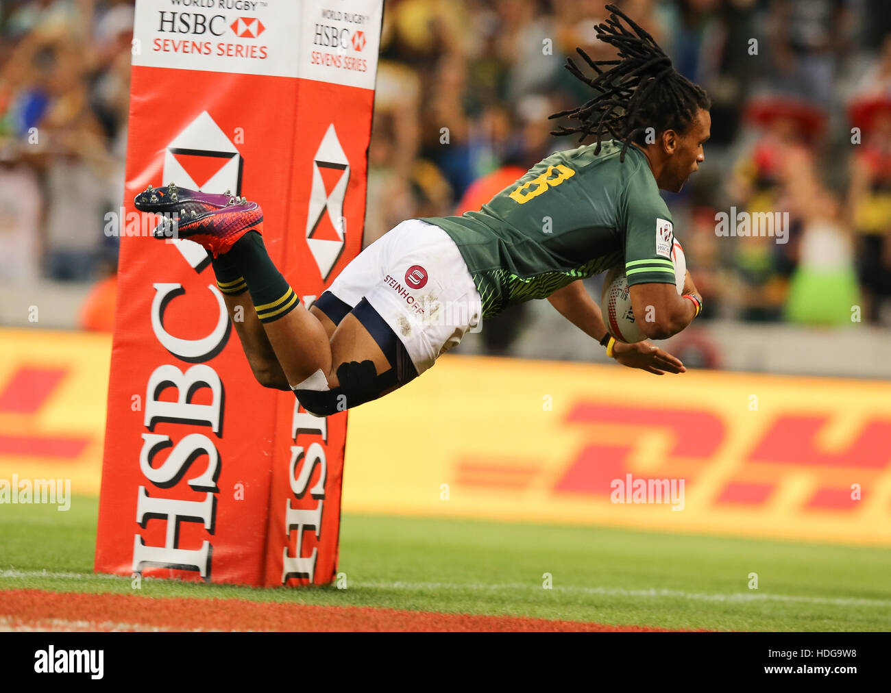 La SA Rugby Sevens Springbok i giocatori in azione durante il 2016 HSBC sette torneo al Cape Town Stadium nel punto verde Punto, Cape Town. Foto Stock