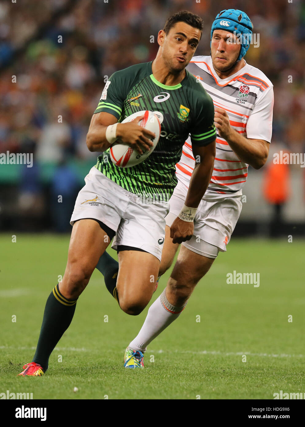 La SA Rugby Sevens Springbok i giocatori in azione durante il 2016 HSBC sette torneo al Cape Town Stadium nel punto verde Punto, Cape Town. Foto Stock