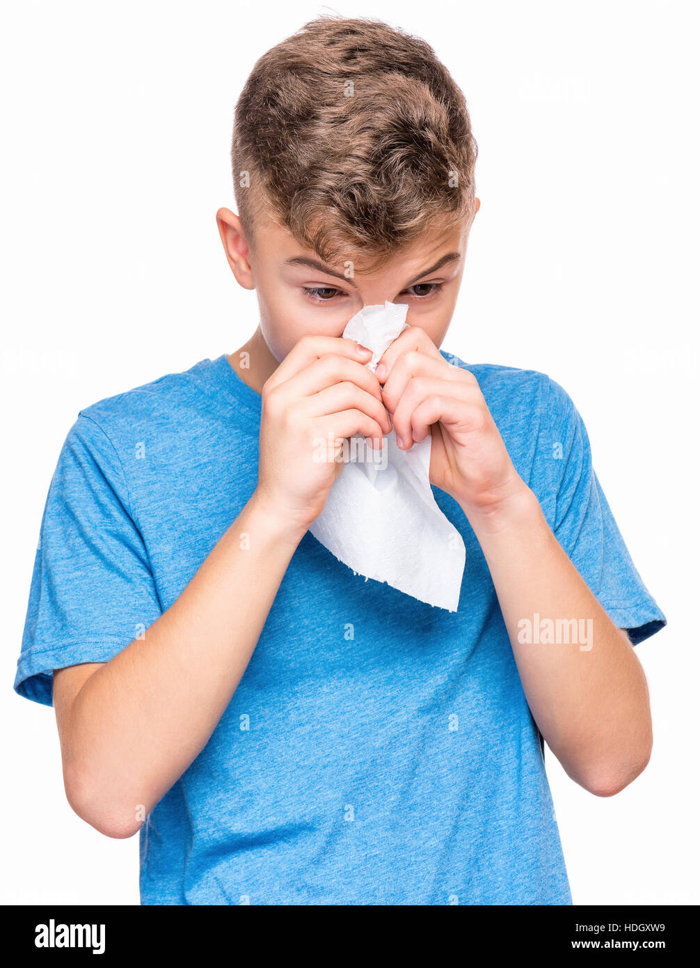 Ill teen boy con flu Foto Stock