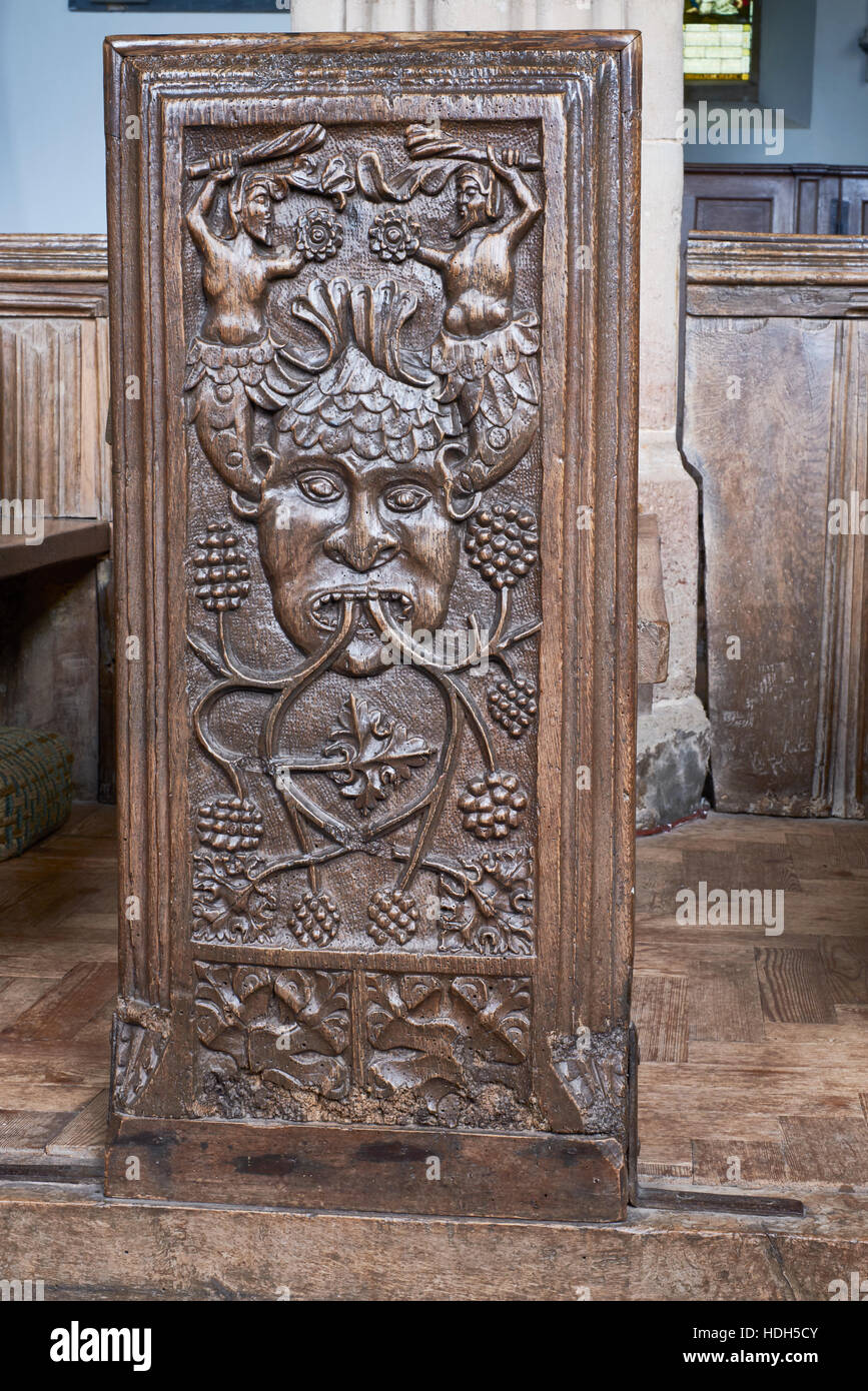 Chiesa Crowcombe, Somerset. 1530 Legno s bench fine con elaborati carving a motivi floreali e geometrici e disegni di religiosi. Foto Stock