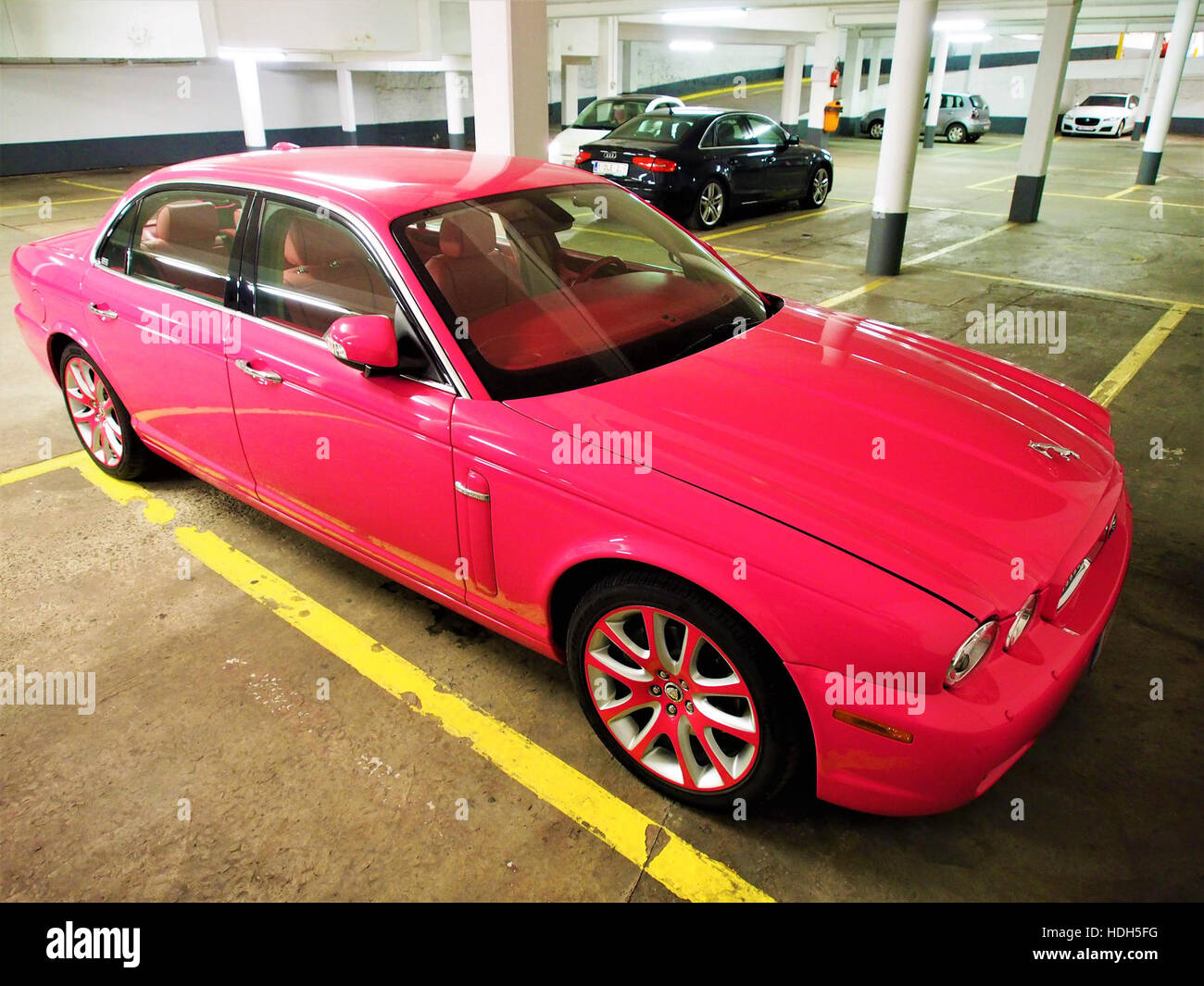 Questa immagine raffigura l'iconica Jaguar Pink Panther, un'auto elegante e potente nota per il suo design e le sue prestazioni. La foto mette in risalto la sua forma aerodinamica e il suo colore distintivo, simboleggiando lusso e stile. Foto Stock