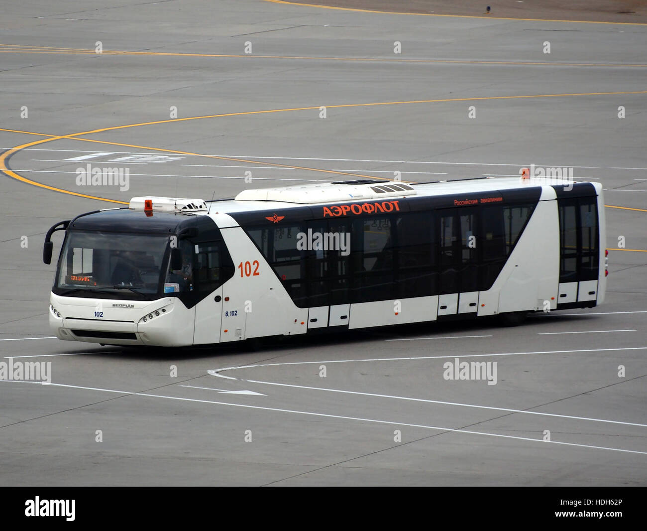 Questa immagine mostra un autobus Neoplan di stanza presso l'aeroporto internazionale di Sheremetyevo, uno dei principali gateway internazionali della Russia. L'autobus fa parte della flotta di trasporto dell'aeroporto, utilizzato per i trasferimenti passeggeri e per le operazioni di navetta interna. Foto Stock