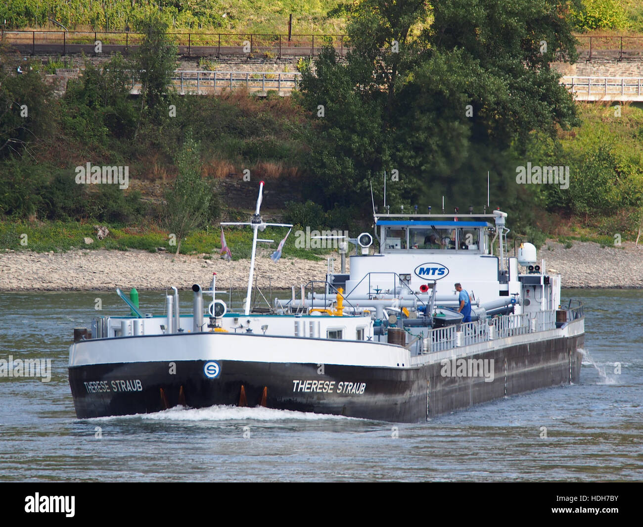 La Therese Straub, una nave da carico costruita nel 1970 e identificata dal suo numero ENI 04017960, si vede navigare sul Reno a Oberwesel. Questa nave fa parte della significativa rete europea di trasporto per vie navigabili interne. Foto Stock