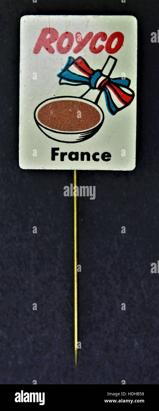 Un annuncio o un oggetto vintage di Royco France, raffigurante un prodotto o materiale promozionale. L'immagine mostra il branding e lo stile di design dell'azienda. Foto Stock