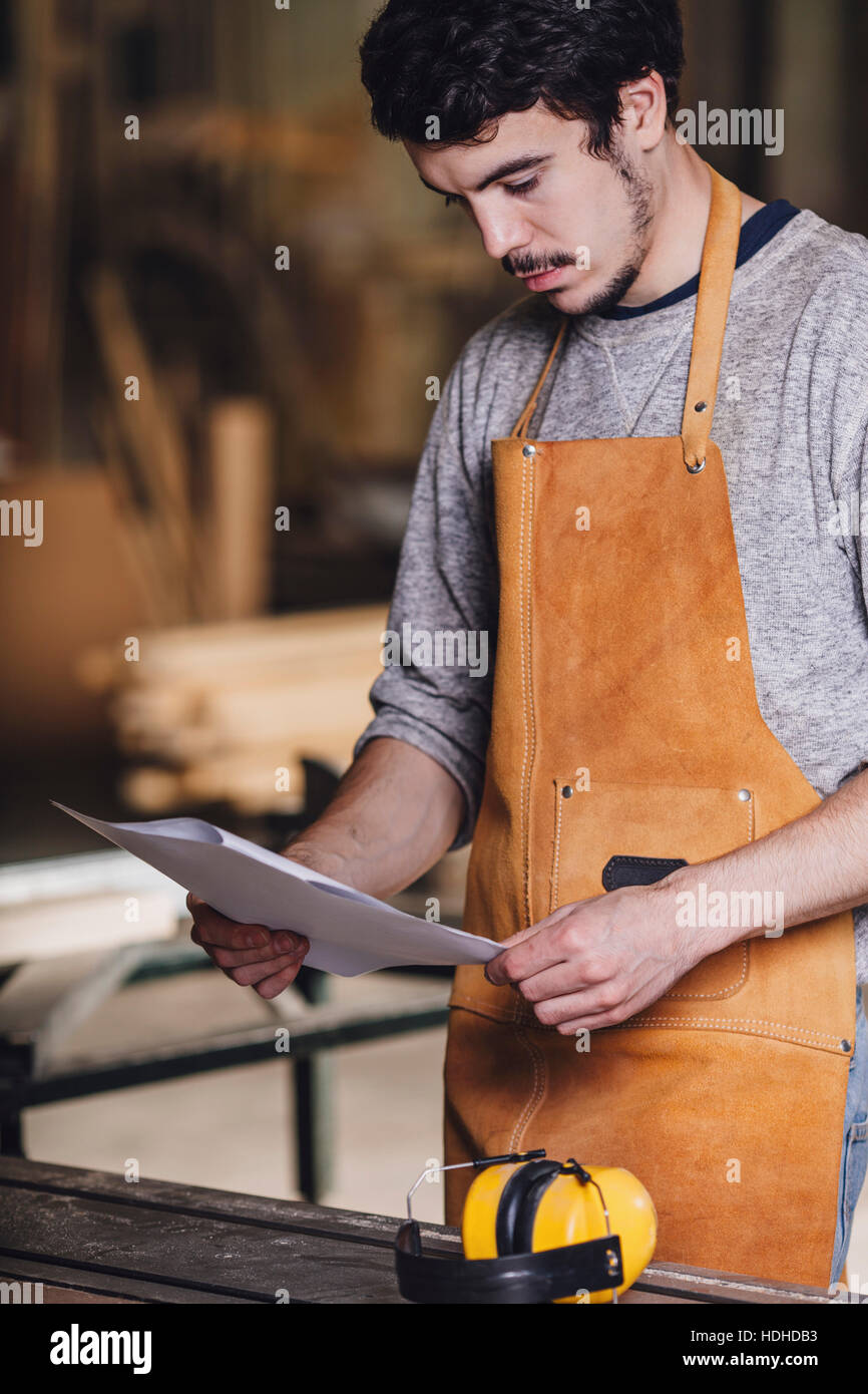 Carpenter leggendo il documento in officina Foto Stock