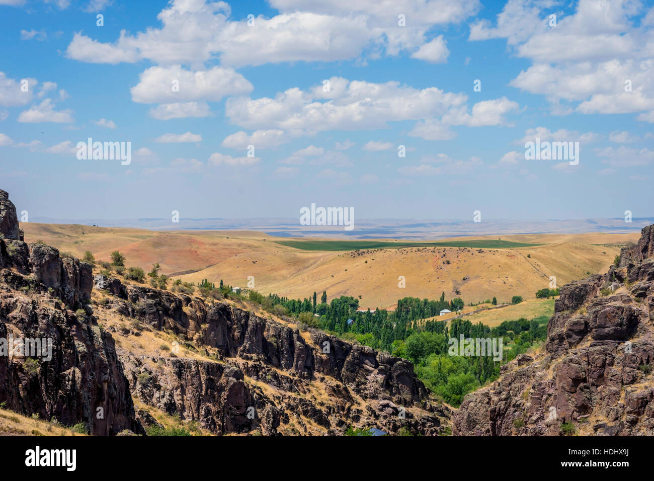 Turbat canyon di steppe e praterie dietro, Kazakistan Foto Stock