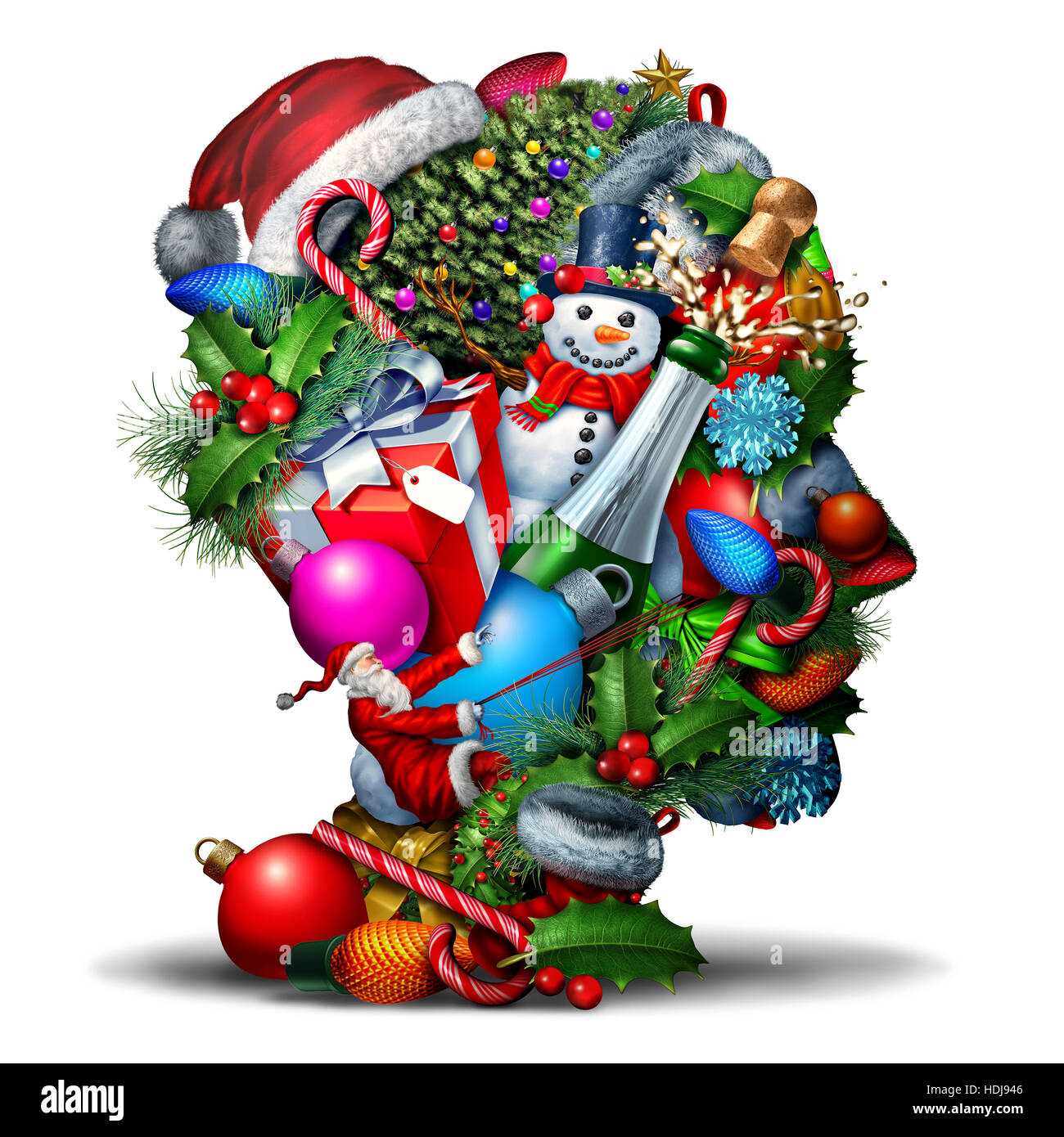 Vacanze invernali il simbolo della testa come un gruppo del Natale e del nuovo anno celebrazione oggetti stagionali conformata come un volto umano profilo come un icona per festività pla Foto Stock