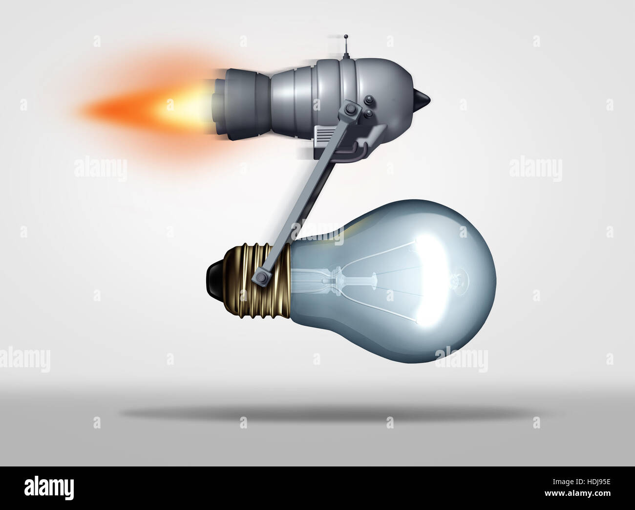Messa a fuoco creativo nozione come un getto o di motore a razzo lo spostamento di un bulbo di luce in avanti come una motivazione di business metafora per velocità di creative di successo e quick de Foto Stock