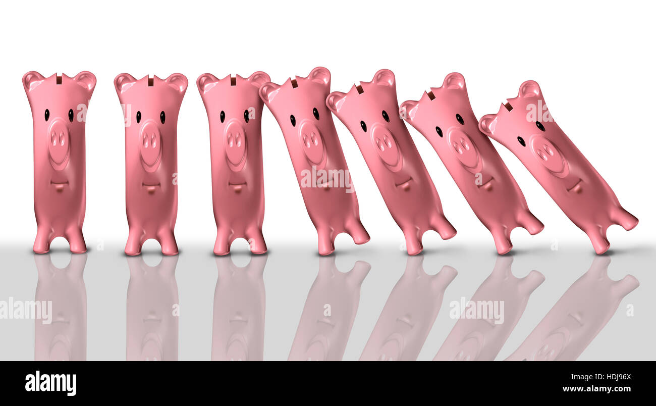 Crollo finanziario concetto e di crisi economica come simbolo di un gruppo di banche piggy cadendo come domono pezzi come un errore per il finanziamento e il rischio di fallimento di me Foto Stock