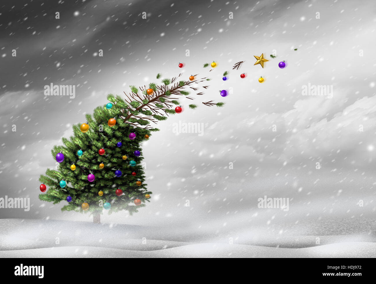 Concetto di vacanza di Natale lo stress o l inverno blizzard tempesta come un albero di natale ottenendo saltato lontano da forti condizioni meteorologiche estreme si snoda con ornamenti di volare Foto Stock