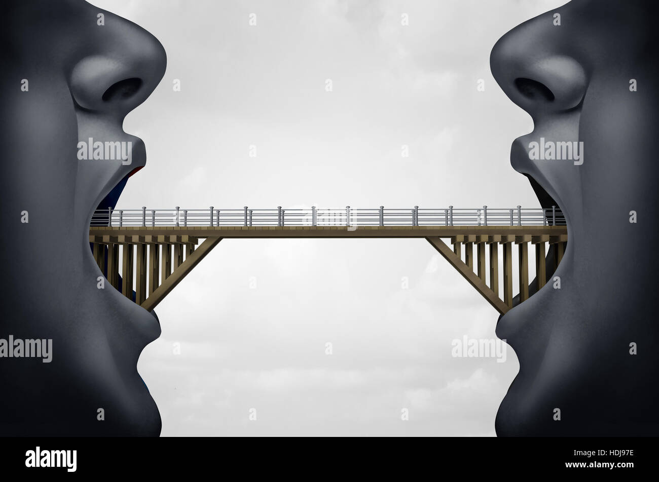 Concetto di costruzione di ponti come due persone con opem bocca come un ponte atto i due come un simbolo per negotiaton o accordo commerciale con 3D illust Foto Stock