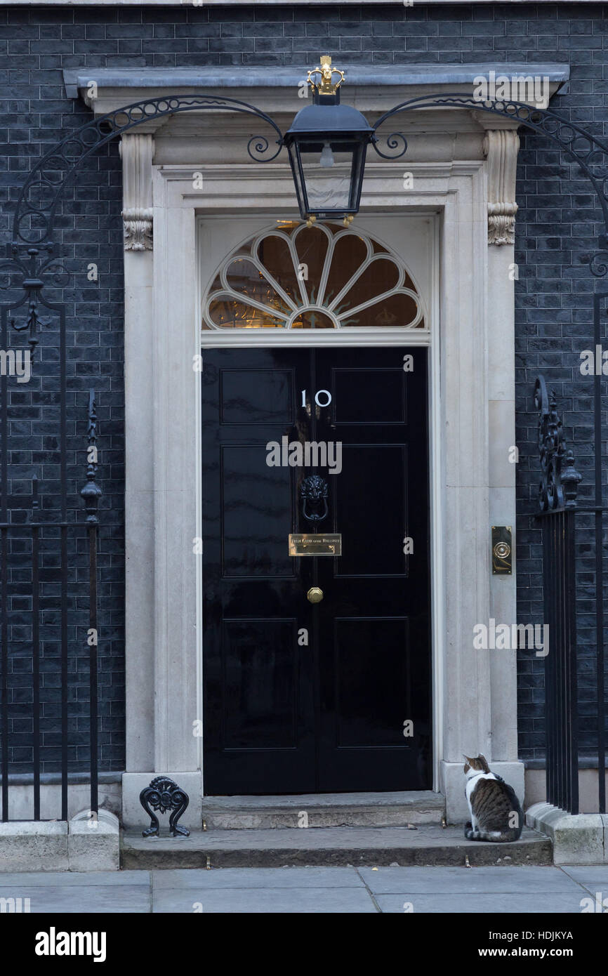 Londra, 28 novembre 2016. Le porte principali sono mantenuti chiusi al 10 di Downing Street a Londra, la residenza del Primo Ministro del Regno Unito. Foto Stock