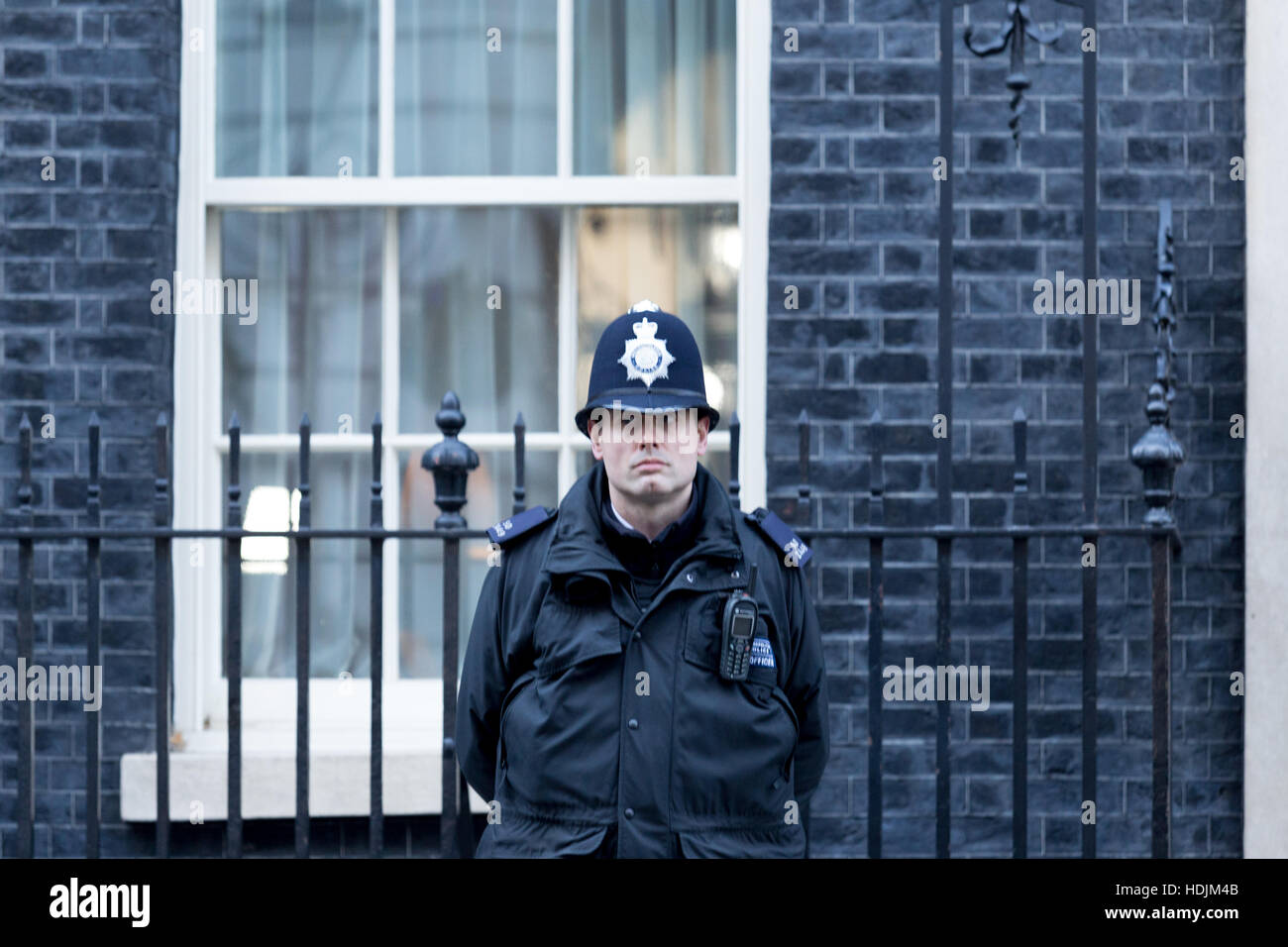 Londra, 28 novembre 2016. Una protezione nella parte anteriore del 10 Downing Street a Londra, la residenza del Primo Ministro del Regno Unito. Foto Stock