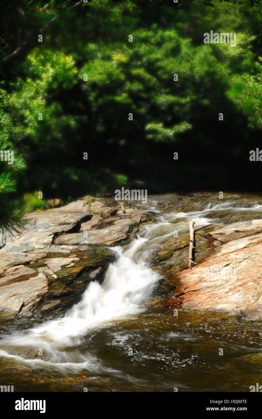 Paesaggio verticale, cascata a Totier Creek Park vicino Scottsville, Virginia, Stati Uniti d'America. Orton effetto applicato per look sognante. Foto Stock