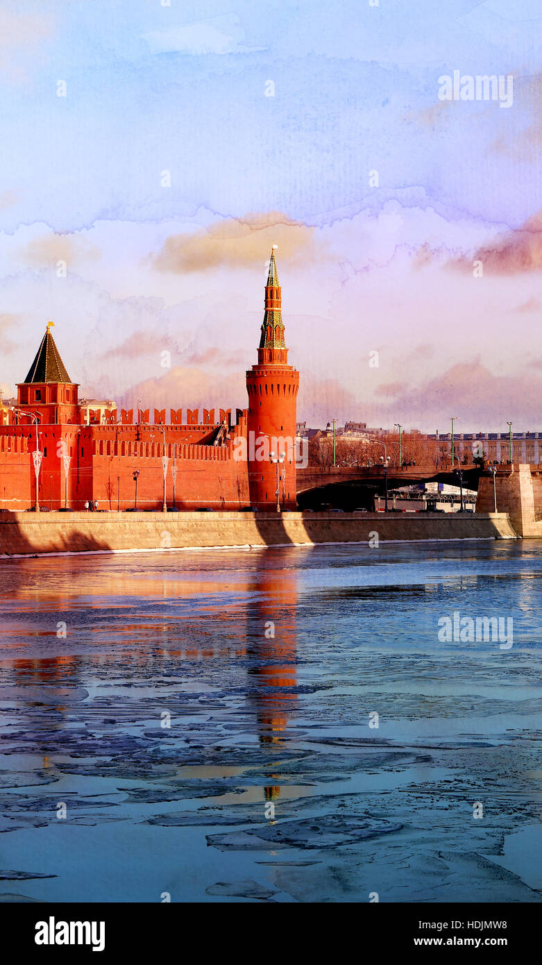 Inverno bellissimo paesaggio fluviale con Moscow Kremlin towers Foto Stock