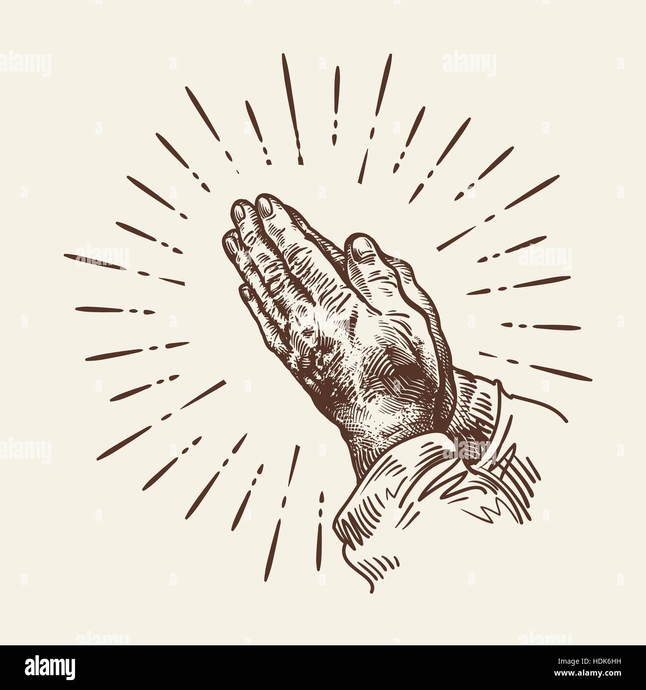Disegnate a mano pregando le mani. Schizzo illustrazione vettoriale Illustrazione Vettoriale