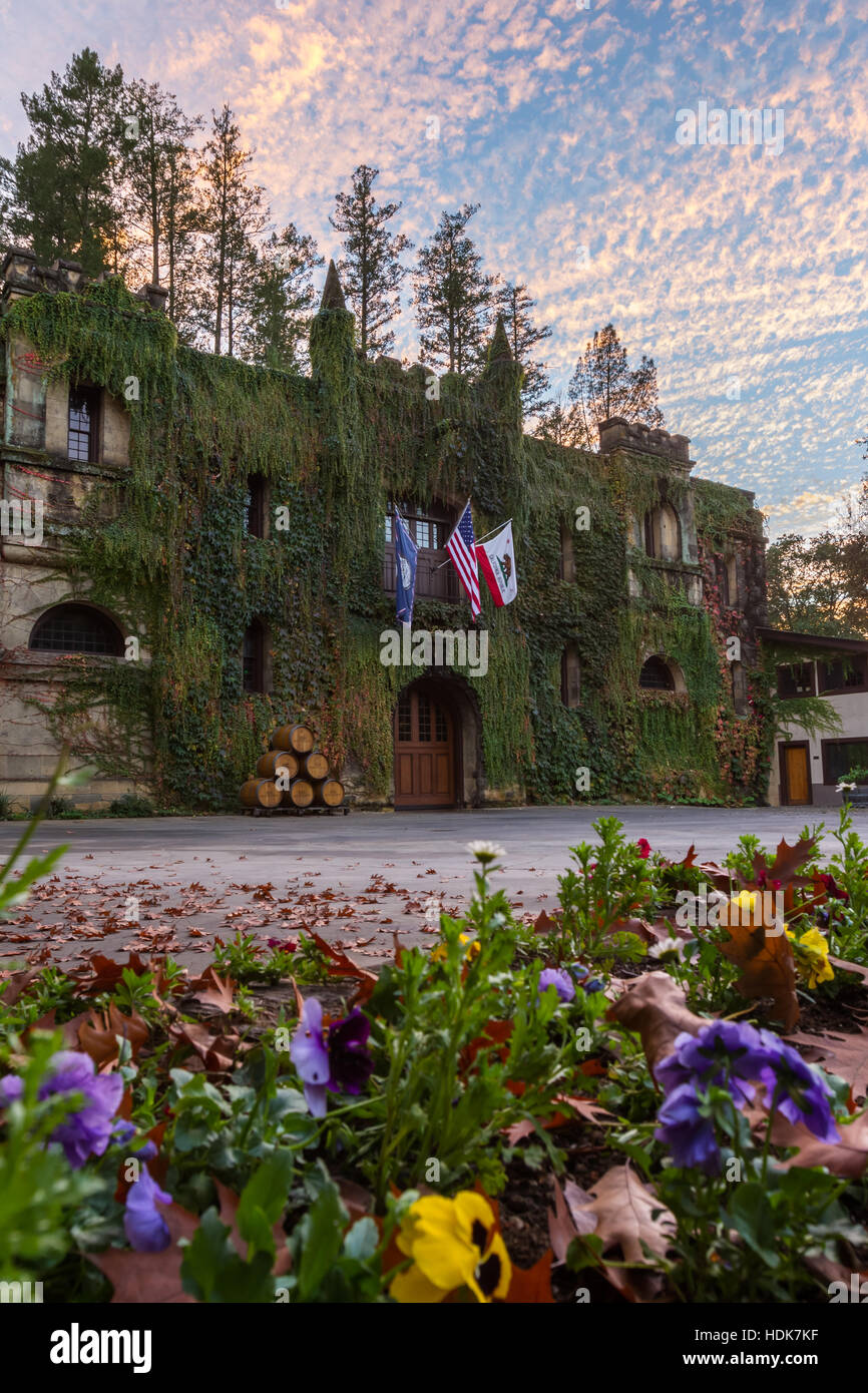 Calistoga, California - 08 novembre: la splendida vista del Chateau Montelena al tramonto. Novembre 08 2016, Calistoga, California. Foto Stock