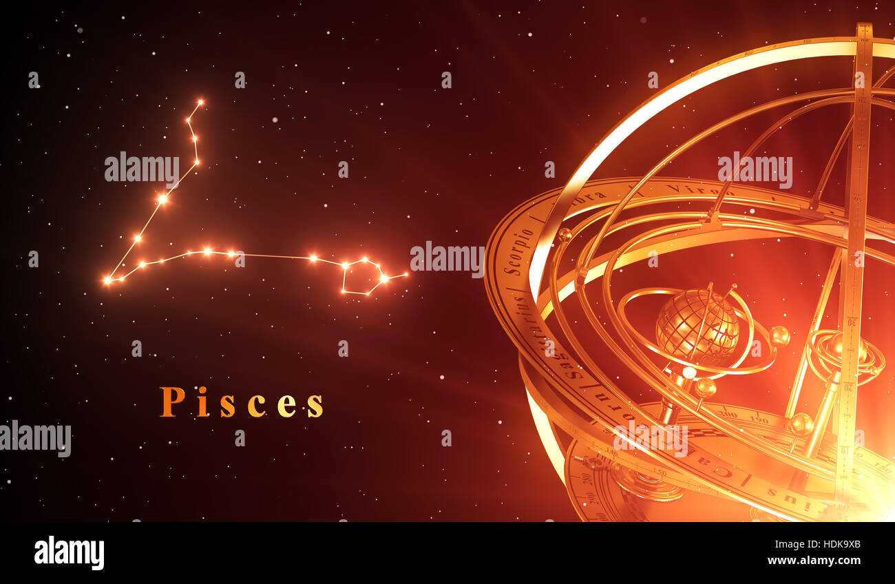 La costellazione dello zodiaco pesci e sfera armillare su sfondo rosso. 3D'illustrazione. Foto Stock