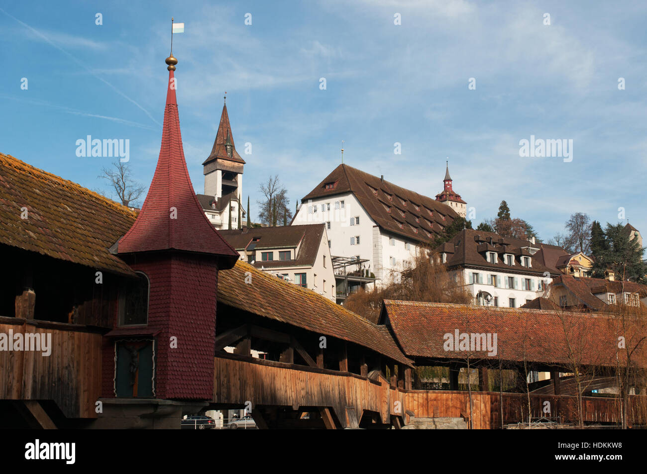 Svizzera: dettagli del ponte Spreuer, il Mulino di Ponte, costruito nel XIII secolo nella città medievale di Lucerna Foto Stock