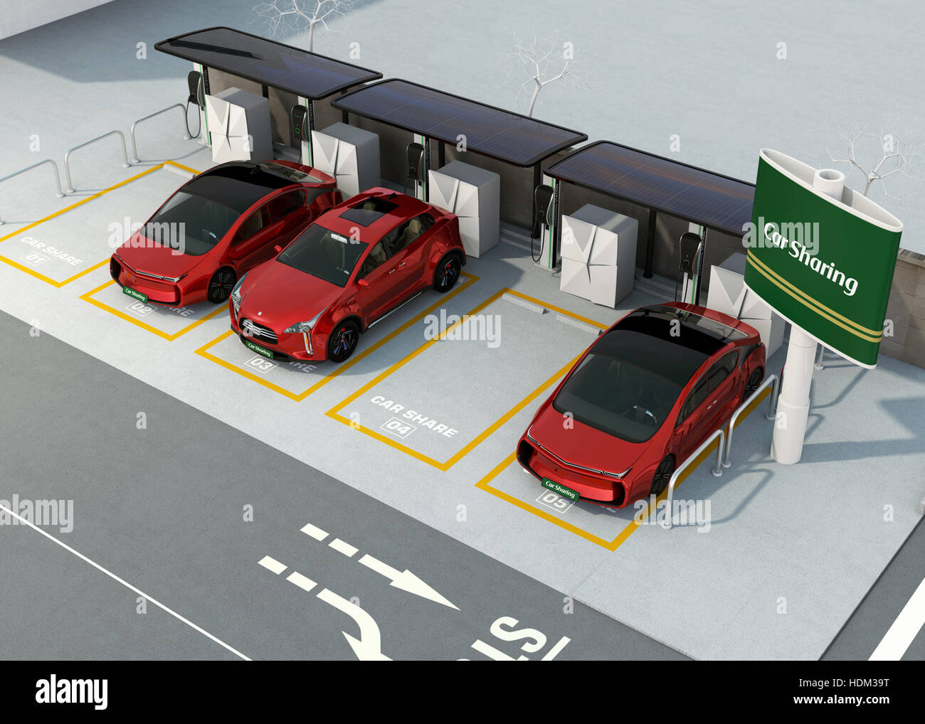 Car Sharing Station all'angolo della strada. Il rendering 3D'immagine. Foto Stock