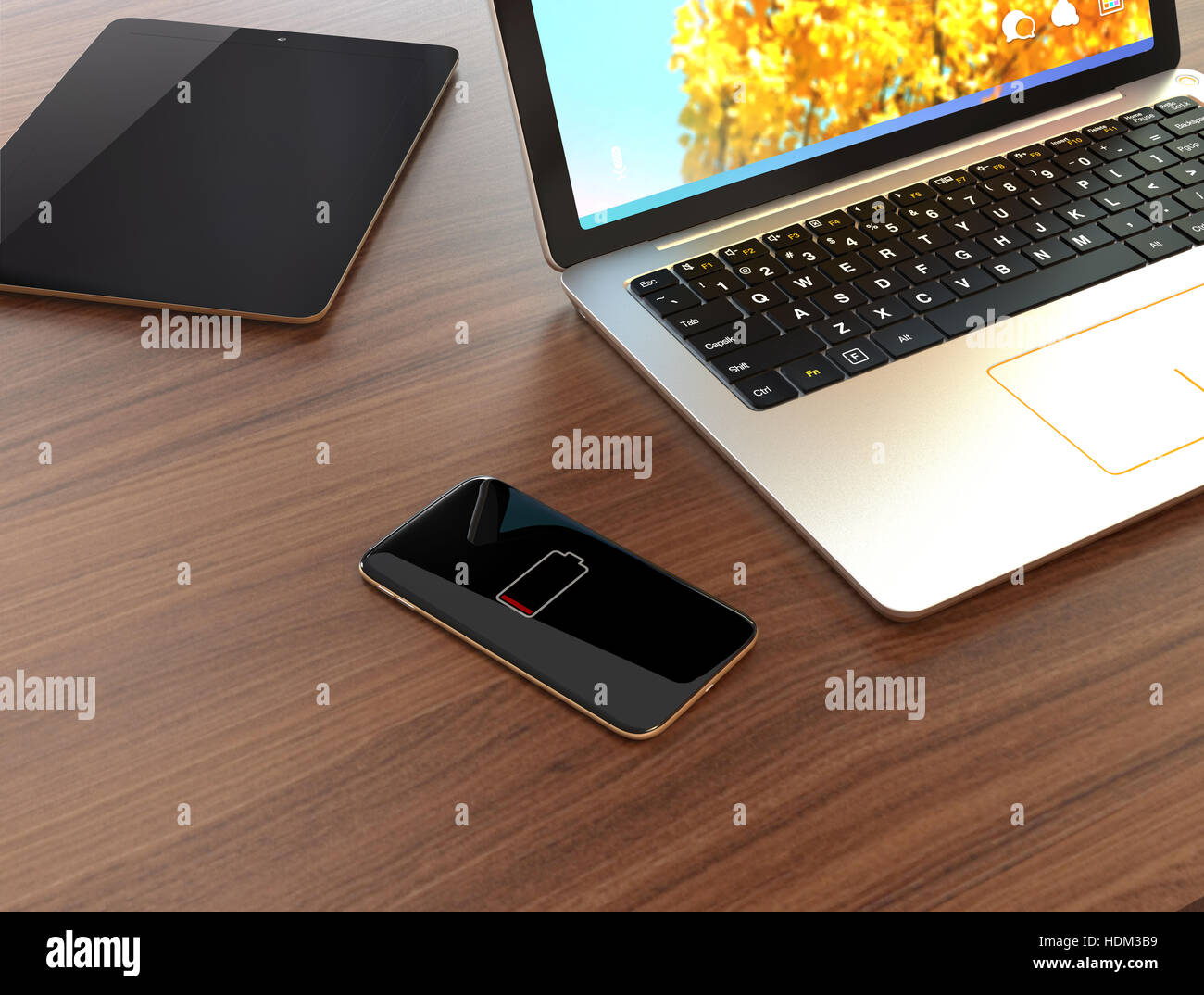 Smart phone con la batteria scarica mark sul desktop. Il rendering 3D'immagine. Foto Stock