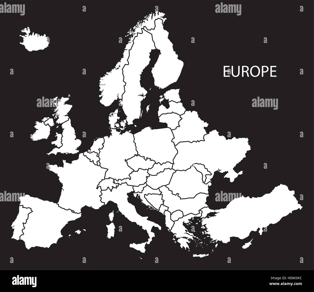 L'Europa con i paesi mappa in bianco e nero illustrazione Illustrazione Vettoriale