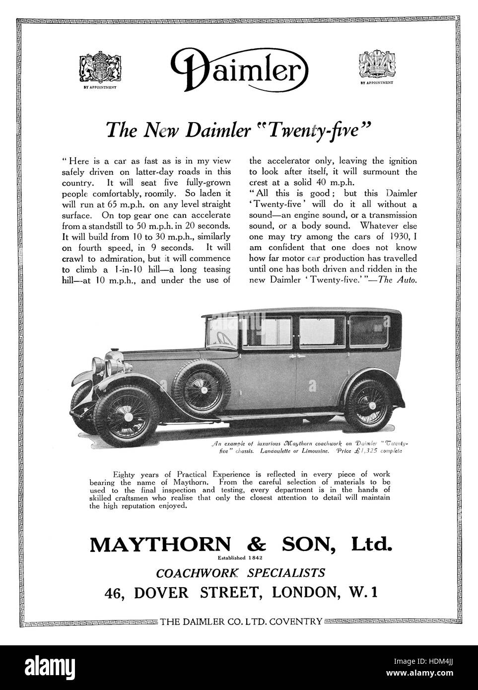 1930 British pubblicità per la Daimler venticinque autovettura, con corrozzata Maythorn & Son Ltd Foto Stock